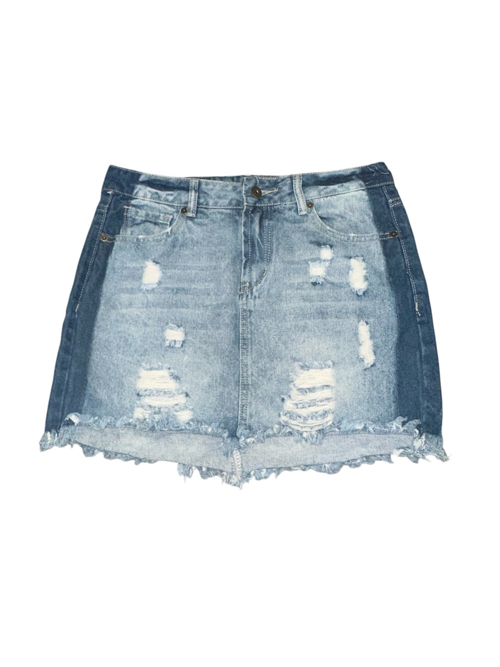 Vintage Havana Two-Tone Blue Denim Distressed Detail Jean Mini Skirt